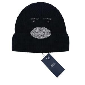 Armani Jeans Beanie Hat Knit Stud Rhinestone Kiss Black Silver Size XS NEW $110